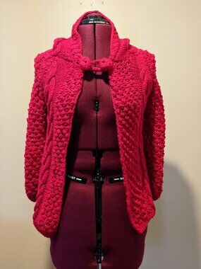 ❤️ One-of-a-Kind Hand-Knit Crochet Red Hooded Crop chunky Cardigan (XS)